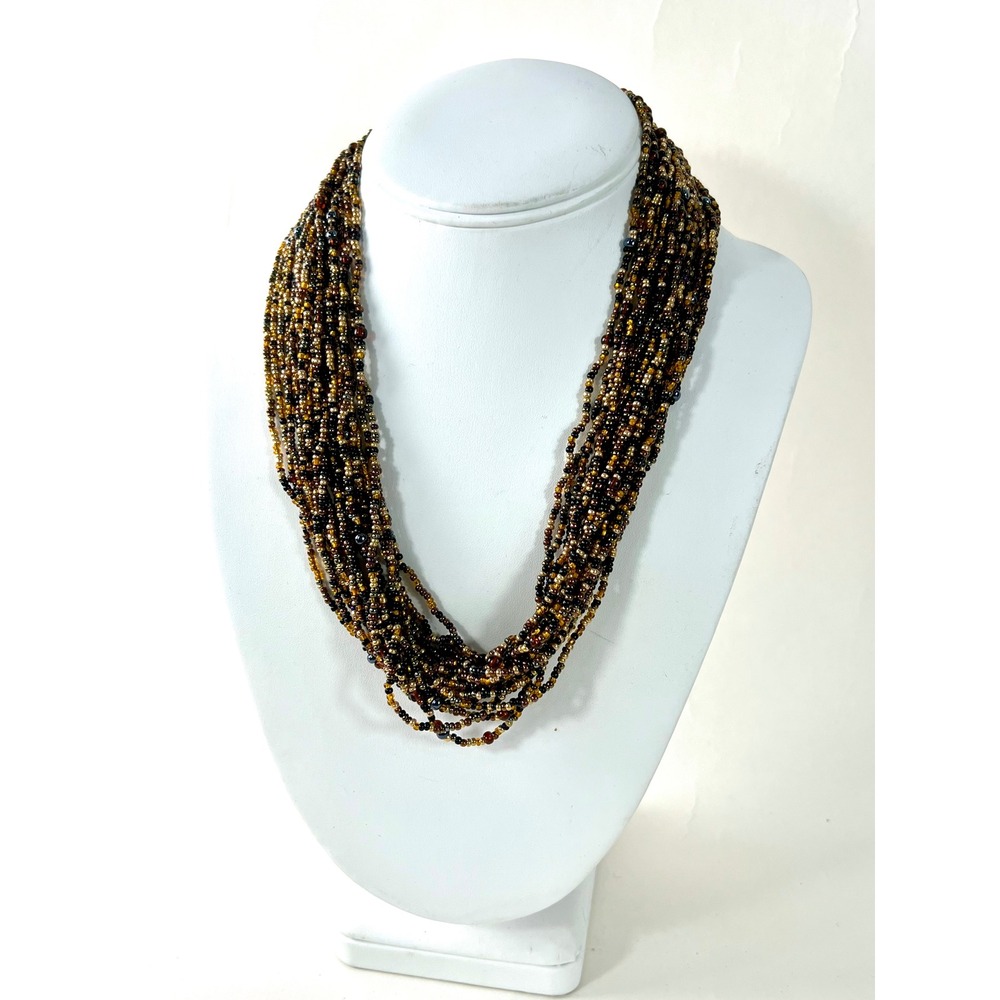 Joan Rivers Multi Strand Seed Bead Necklace Gold Bronze Amber Statement Clasp